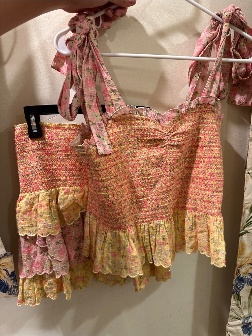 LoveShackFancy Pink and Yellow Smocked Ruffle Tank and Skirt Set